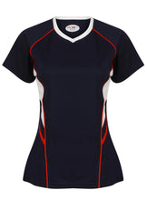 Load image into Gallery viewer, Jenny Ladies Fitted Top Gazelle Sports UK Yes XS/8 Col A) Navy/ White/ Red