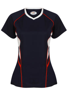 Jenny Ladies Fitted Top Gazelle Sports UK Yes XS/8 Col A) Navy/ White/ Red