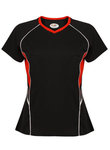 Jenny Ladies Fitted Top Gazelle Sports UK Yes XS/8 Col C) Black/ Red/ White