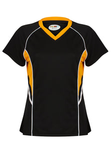 Jenny Ladies Fitted Top Gazelle Sports UK Yes XS/8 Col E) Black/ Amber/ White