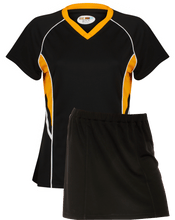 Load image into Gallery viewer, Ladies Netball / Hockey / Rounders V Neck Team Kits Gazelle Sports UK XS/8 Black/Amber/White YES
