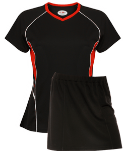 Ladies Netball / Hockey / Rounders V Neck Team Kits Gazelle Sports UK XS/8 Black/Red/White YES