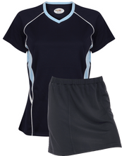 Load image into Gallery viewer, Ladies Netball / Hockey / Rounders V Neck Team Kits Gazelle Sports UK XS/8 Navy/Pale Blue/White YES