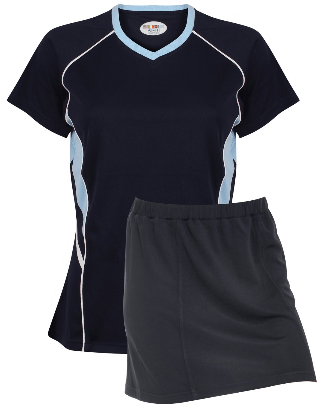 Ladies Netball / Hockey / Rounders V Neck Team Kits Gazelle Sports UK XS/8 Navy/Pale Blue/White YES