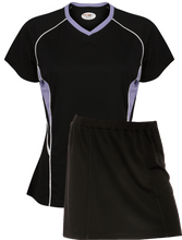 Load image into Gallery viewer, Ladies Netball / Hockey / Rounders V Neck Team Kits Gazelle Sports UK XS/8 Black/Lilac/White YES