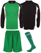 Load image into Gallery viewer, Adults Teamstar Long Sleeve Full Kit Gazelle Sports UK XS Black/Green/White Yes