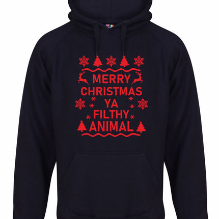 Ya Filthy Animal Christmas Hoodie Gazelle Sports UK XSmall Navy/Red Print 