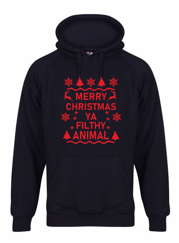 Ya Filthy Animal Christmas Hoodie Gazelle Sports UK XSmall Navy/Red Print 